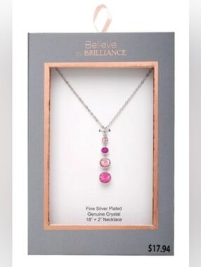 NIB Believe Fine Womens' Silver Plated Pink Crystal Drop Necklace 18" + 2" Chain